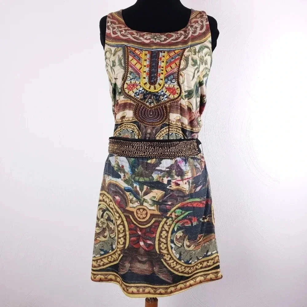 𝅺Desigual Scroll Medallion Egyptian Embroidered Sleeveless Blouson Dress S